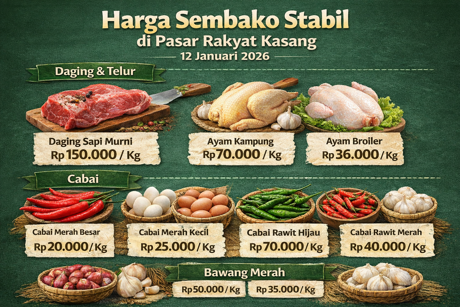 Harga Sembako di Pasar Kasang Jambi Stabil, Daging Sapi Bertahan Rp150.000 per Kg