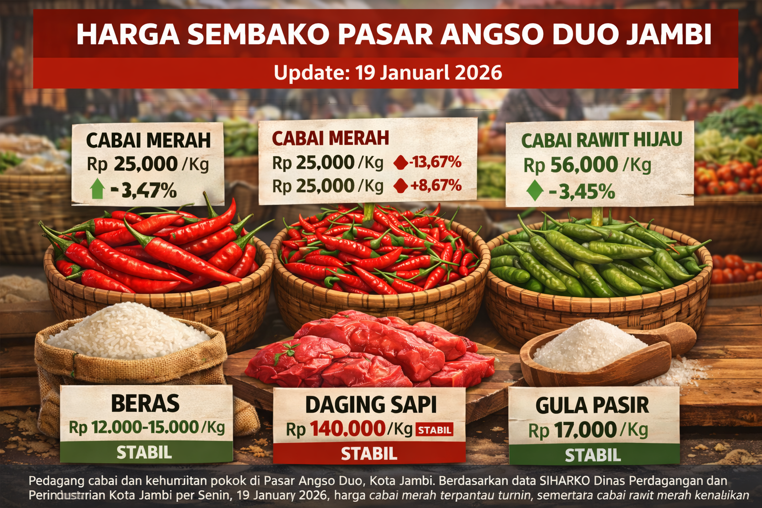 Harga Cabai di Pasar Angso Duo Turun, Cabai Rawit Merah Justru Naik