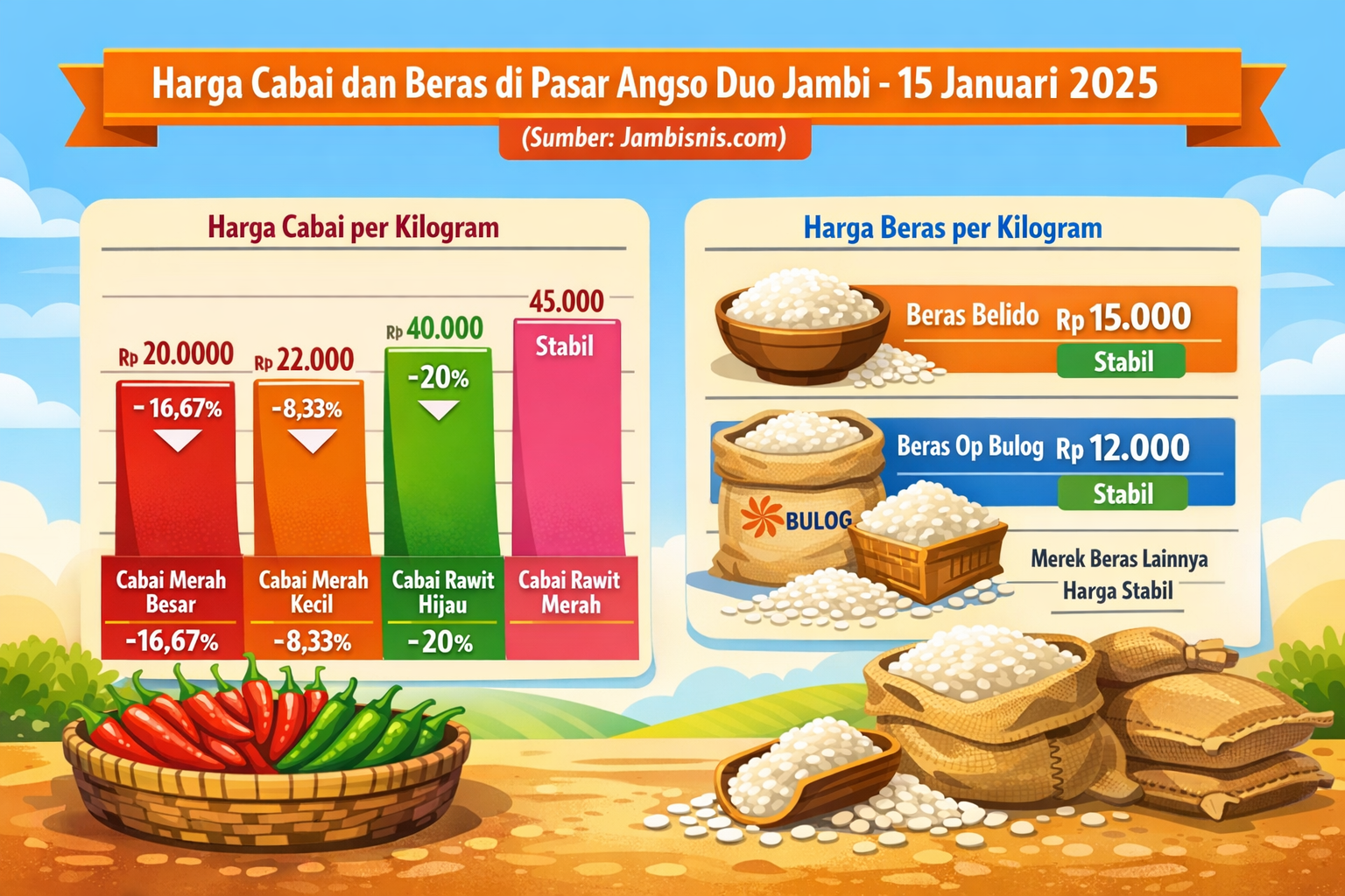 Pantauan Harga Sembako di Pasar Angso Duo Jambi, Cabai Merah dan Rawit Turun