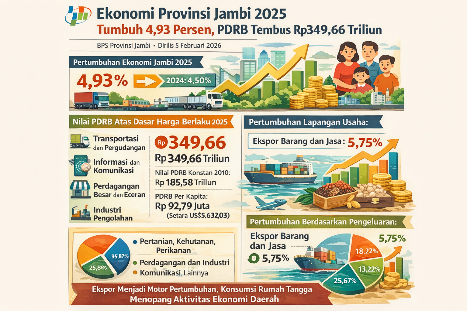 Ekonomi Provinsi Jambi 2025 Tumbuh 4,93 Persen, PDRB Tembus Rp349,66 Triliun