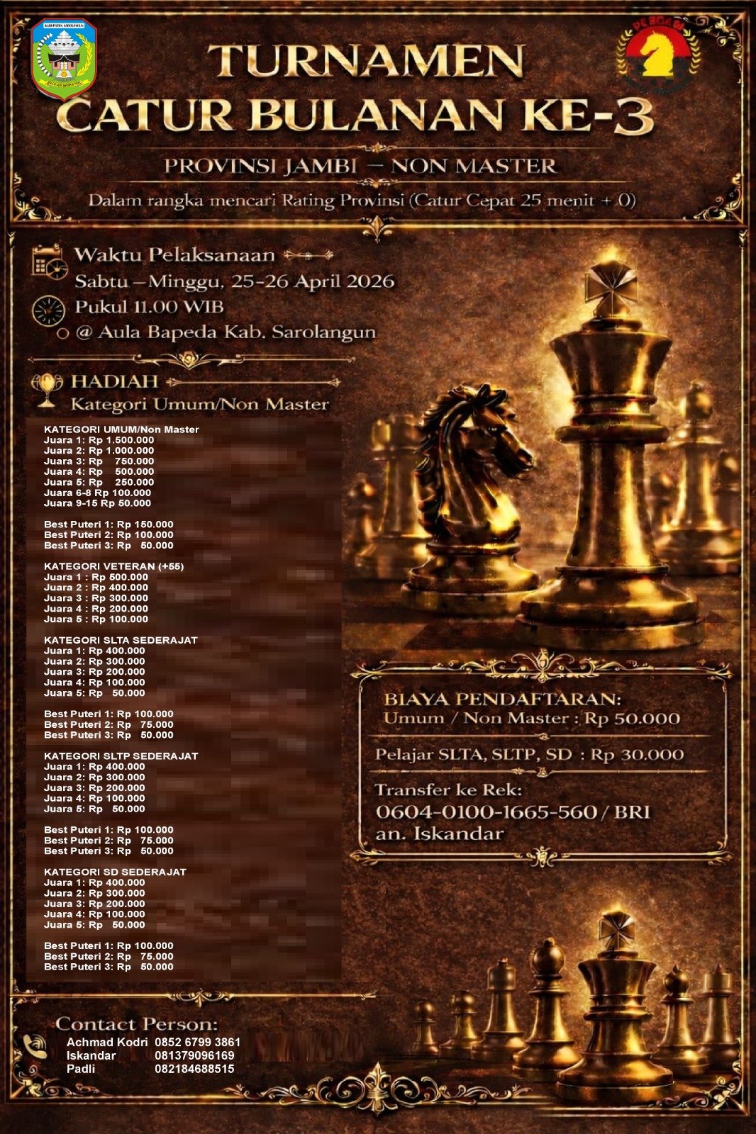 Turnamen Catur Bulanan Percasi Jambi Berlanjut ke Sarolangun, Pengprov Harap Semua Daerah Kirim Atlet