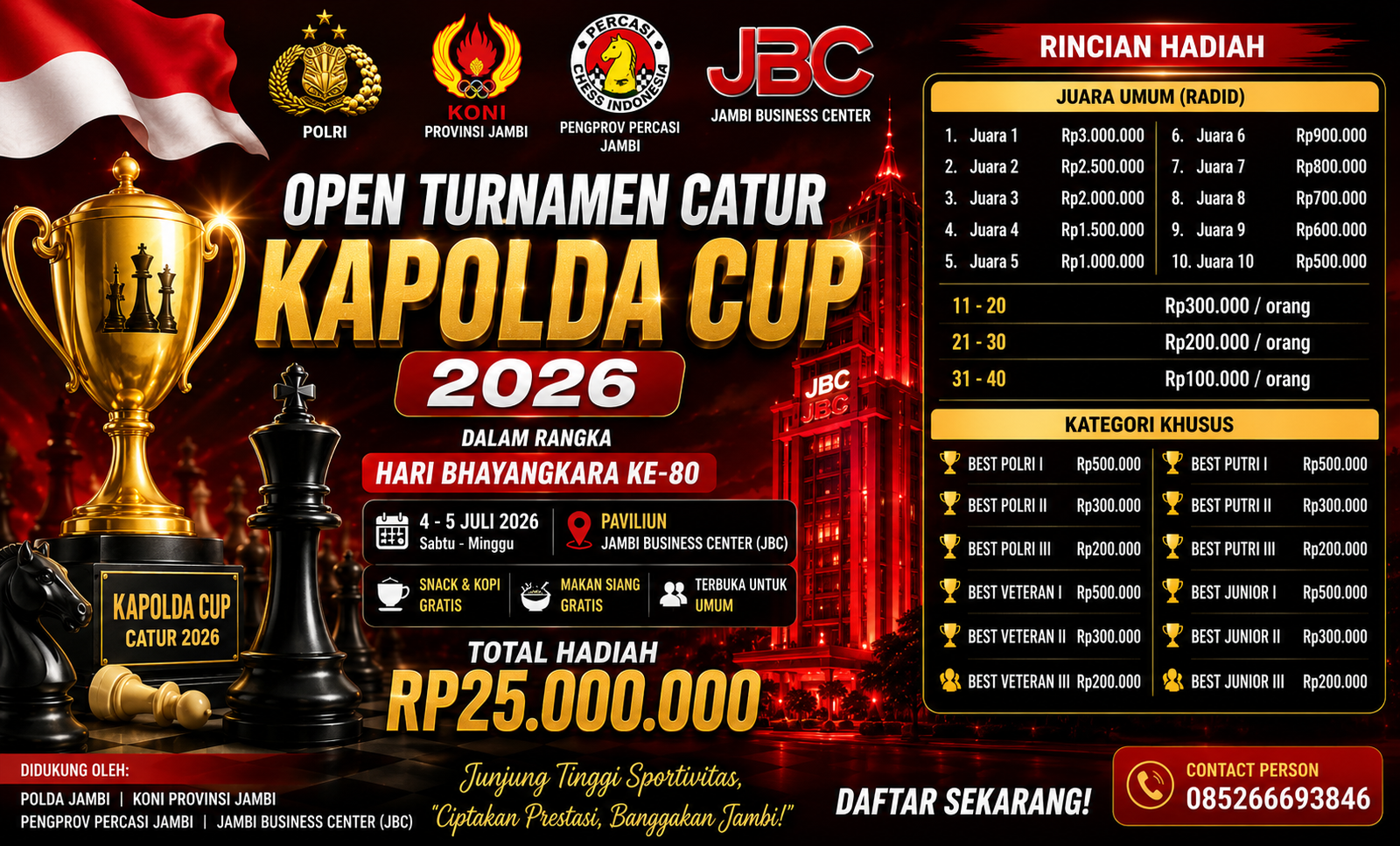 Open Turnamen Catur Kapolda Cup 2026 Digelar di JBC, Total Hadiah Rp25 Juta