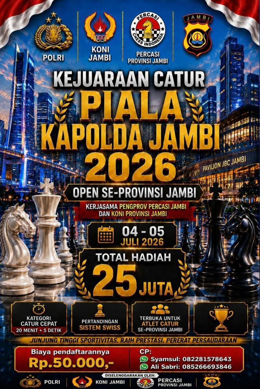 Pengprov Percasi Jambi Gelar Open Turnamen Catur Piala Kapolda Jambi 2026, Perebutkan Hadiah Rp25 Juta