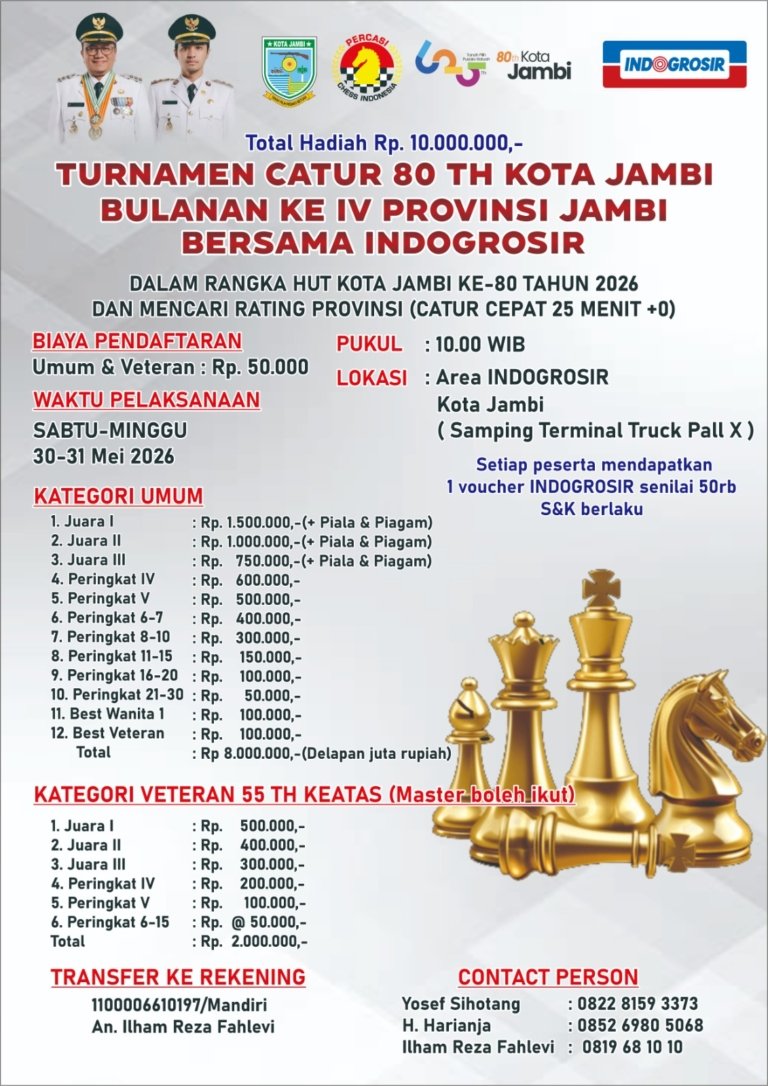 Turnamen Catur Non Master Percasi Jambi ke-4 Digelar di Kota Jambi, Semarakkan HUT ke-80