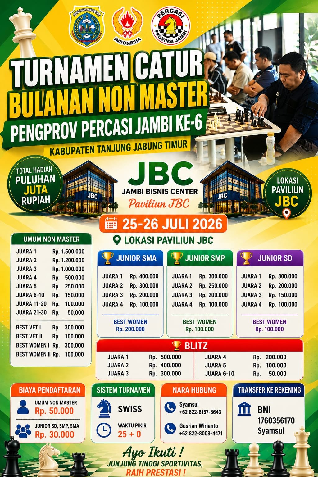 Turnamen Catur Bulanan Non Master Pengprov Percasi Jambi VI Pecahkan Rekor, 160 Pecatur Siap Bertanding di Paviliun JBC