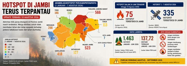 Hotspot Jambi Masih Tinggi, 75 Titik Terdeteksi dalam 24 Jam, Muaro Jambi dan Tanjab Barat Jadi Sorotan