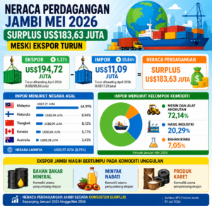 Neraca Perdagangan Jambi Mei 2026 Surplus US3,63 Juta Meski Ekspor Turun
