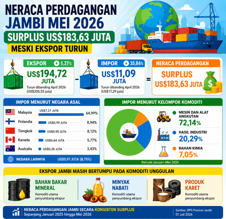 Neraca Perdagangan Jambi Mei 2026 Surplus US3,63 Juta Meski Ekspor Turun